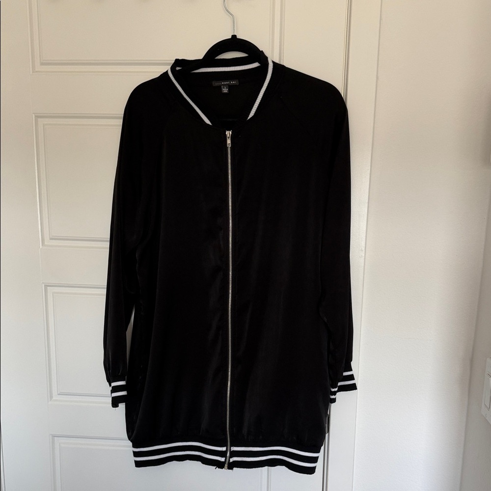 Black Long Bomber Jacket with Contrast Trim. Thin.